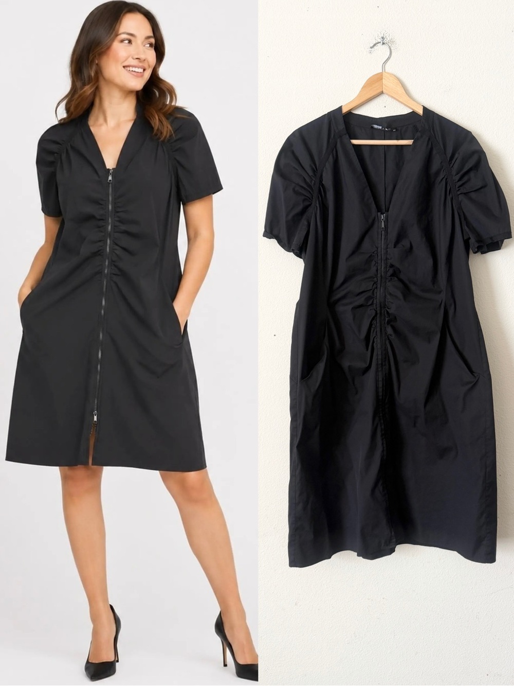LaFayette 148 New York SIZE 18 zip front ruched pocketed black knee length dress
